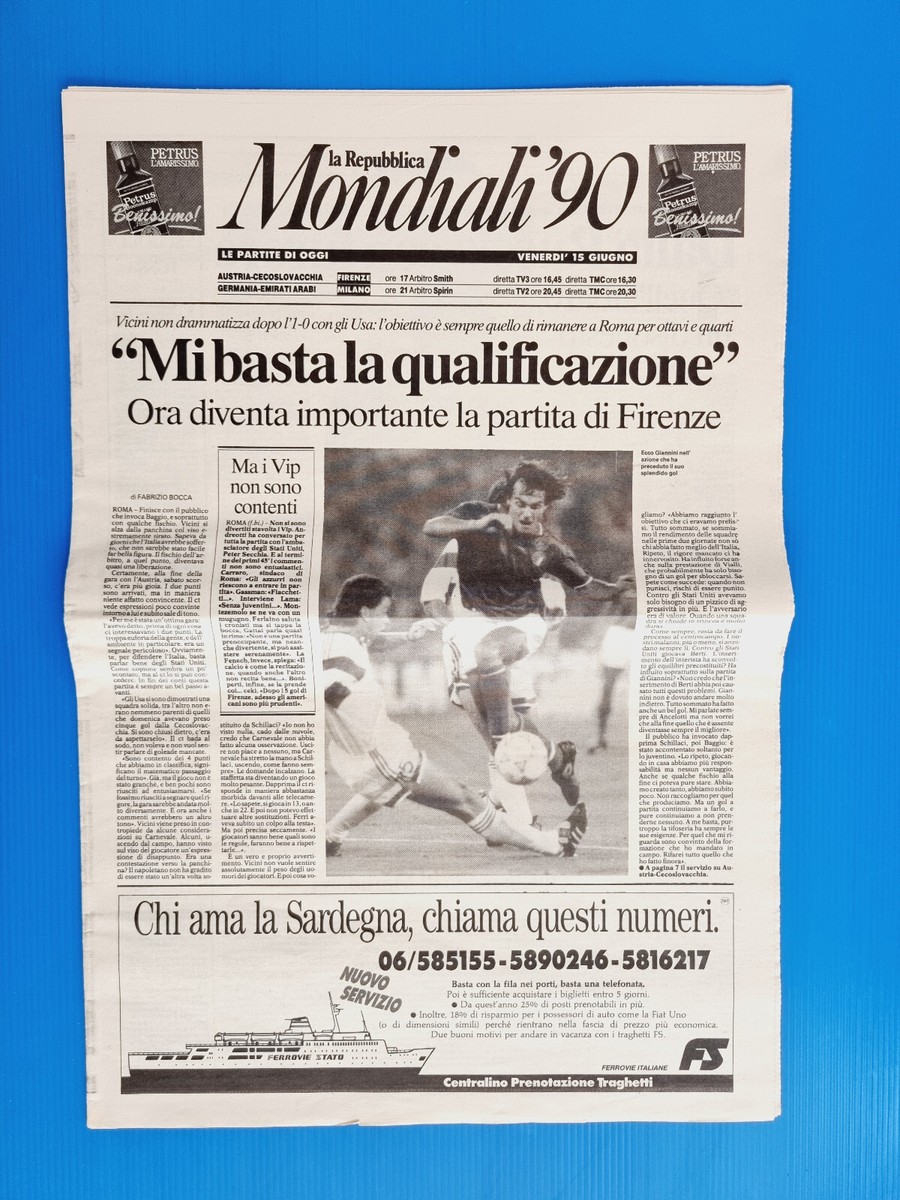 GAZZETTA DELLO SPORT Du 15 Juin 1990 - Italie 90 - Italie-USA 1-0