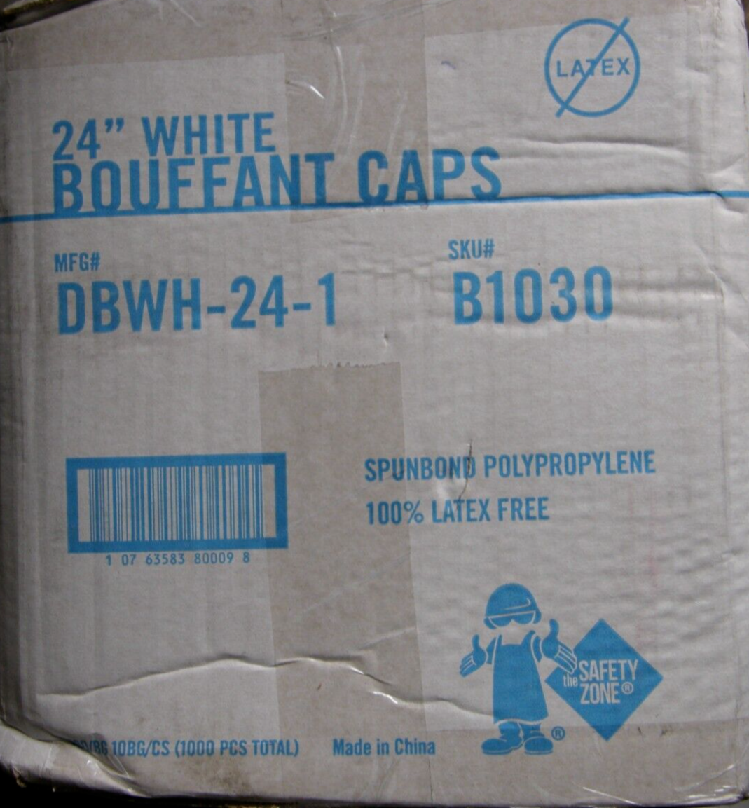 THE SAFETY ZONE 24" Bouffant Cap White 1000 pieces each box Latex free