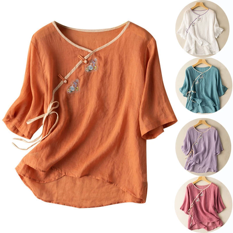 Damen Ethnisch Baumwolle Leinen T-Shirt Stickerei Blumenmuster V Hals Lose Retro - Bild 2 von 4