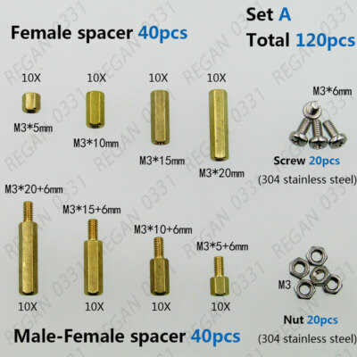 300pcs Brass M3 Hex Column Standoff Support Spacer Screw Hex Nut Assortment