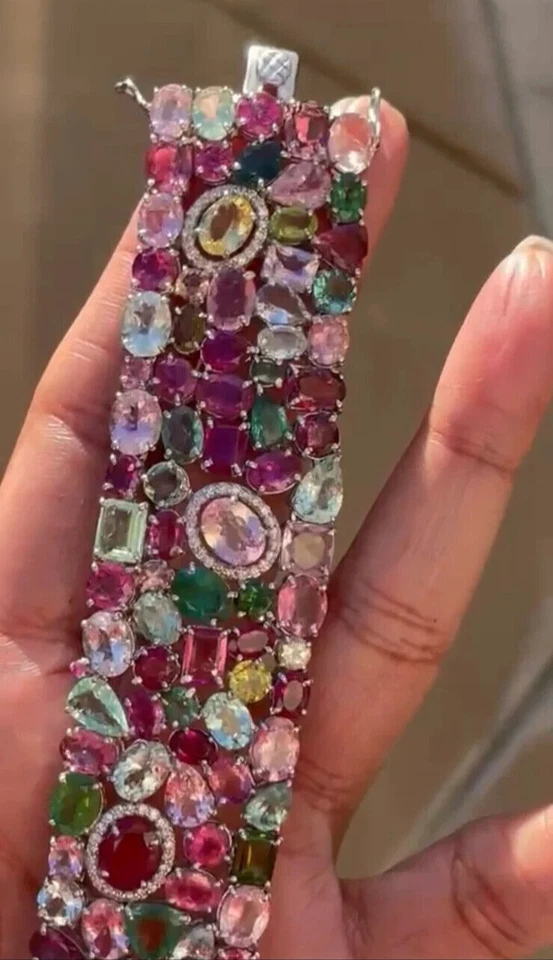 75.80TCW Prong Set Brilliant Multi Shape & Color Stone Wide Engagement Bracelet - Image 2 of 4