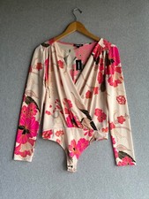 Express Bodysuit Womens Small Floral Low Cut Revealing Tropical Surplice Satin