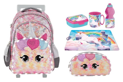 Footy Unicorno Pagliette Led Set 6pezzi Zaino Trolley Astuccio Scuola  Elementare | eBay