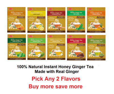 Pocas Natural Caffeine Free Instant Honey Ginger Tea 2 boxes 40 Bags- 10 Flavors
