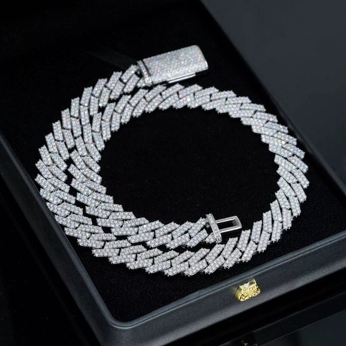 MOISSANITE Real Miami Cuban Link Prong Chain Iced Hip Hop 925 Silver Necklace - Picture 6 of 16