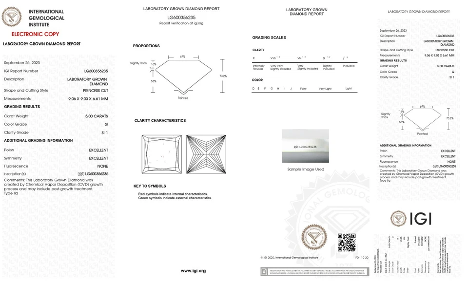 5.00 Cts G Color SI1  Clarity Lab Grown Princess Cut IGI Certified CVD Diamond - Image 2 of 4