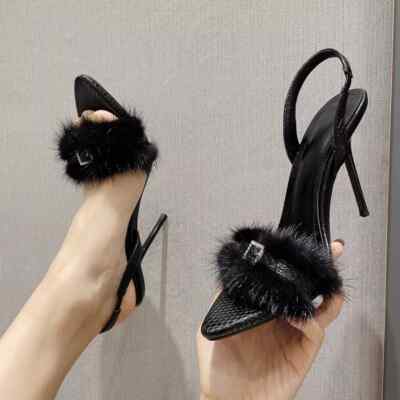 Damen Sandalen bequemer Absatz 11,5 cm schwarz Fell Kunstleder elegant 47594