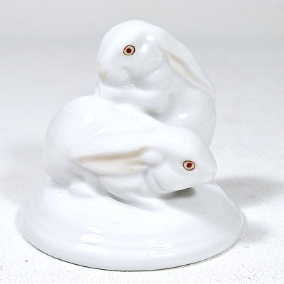 Herend Hungary White Porcelain Bunny Rabbits on Base, 2.25  Rare Pair
