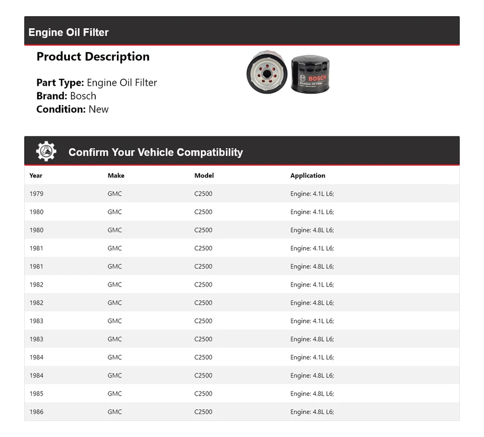 Filtro de aceite premium Bosch GMC C2500 1979-1986 1980 1981 1982 1983 1984 1985 Foto 2 de 3