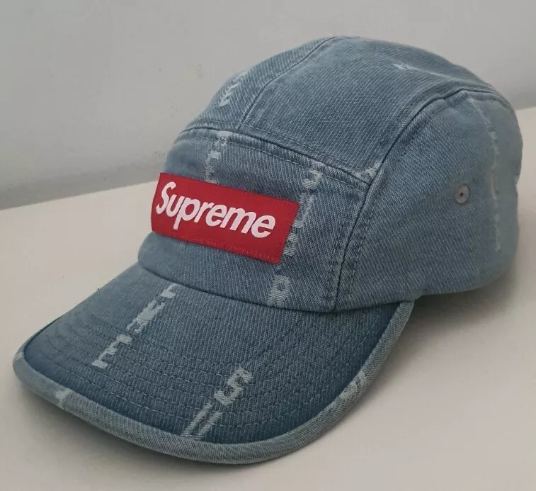 FW20 Supreme Logo Rayas Jacquard Vaqueros Camp Cap Rojo Caja Azul Gorro Worn 1x