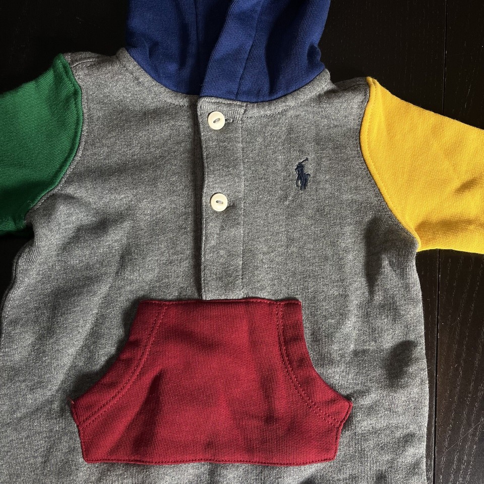 RALPH LAUREN Baby Boy 3M OnePiece Gray Colorblock Hooded OnePiece