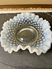 Vintage Glass Hobnail White Opalescent Ruffled Candy Dish/Bowl