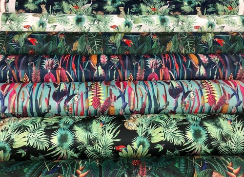 TROPICAL PRINTED VELVET FABRIC Jungle Botanical 25 DESIGNS Curtains Cushions - Picture 2 of 52