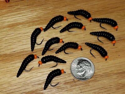 12 - #10 ORG BH Rubber Grub Maggot Worm  Black Wet Fly Trout, Crappie, Pan Fish