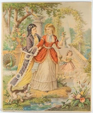 Rare Antique Victorian Chromolithograph of Women in Floral Garden