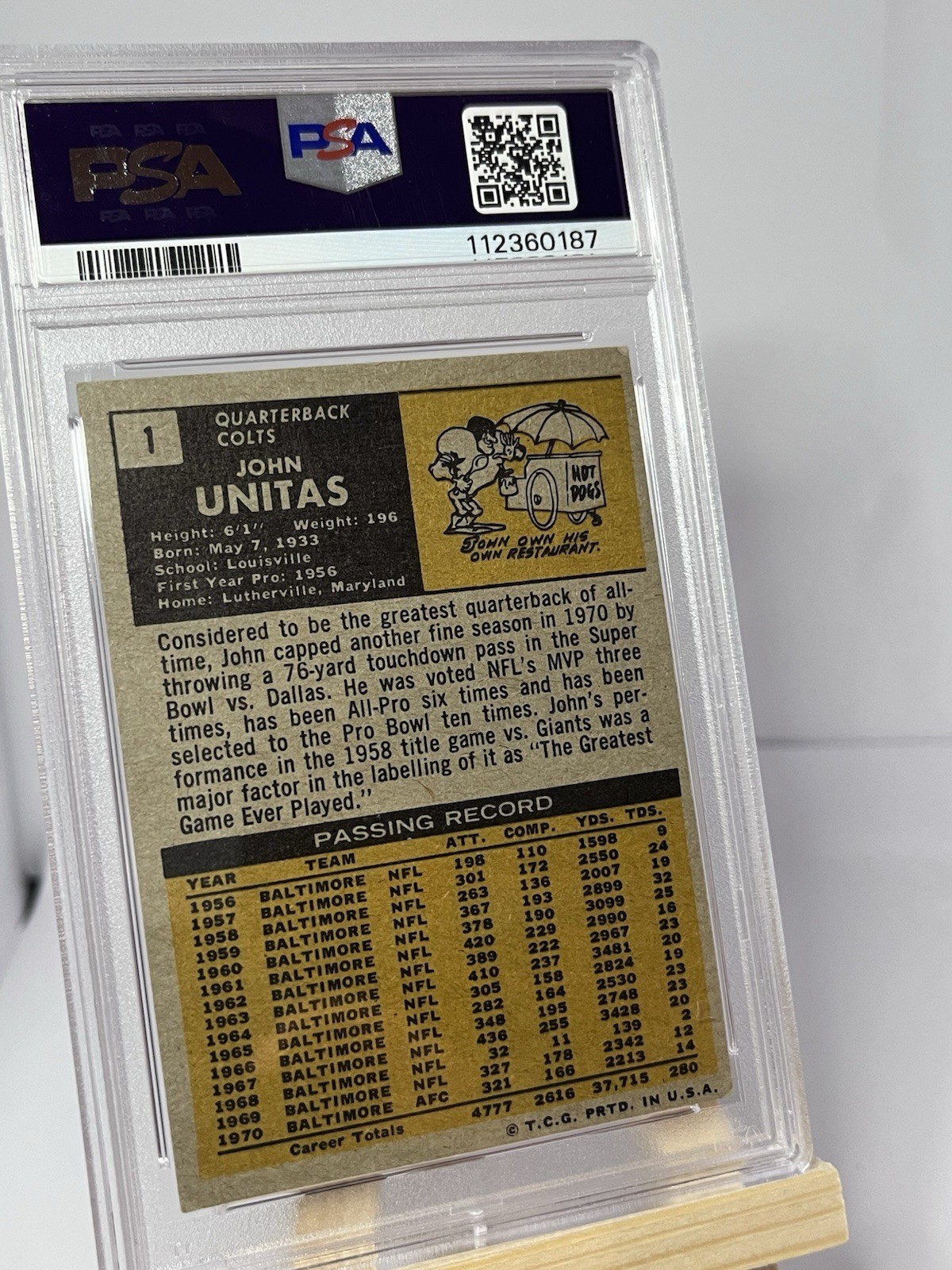 Topps 1971 Topps John Unitas #1 PSA 4 Baltimore Colts Football Card view 2
