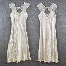 Vtg Bridal Maxi Nightgown Womens L Lingerie Satin Lace Ivory Coquette Romantic