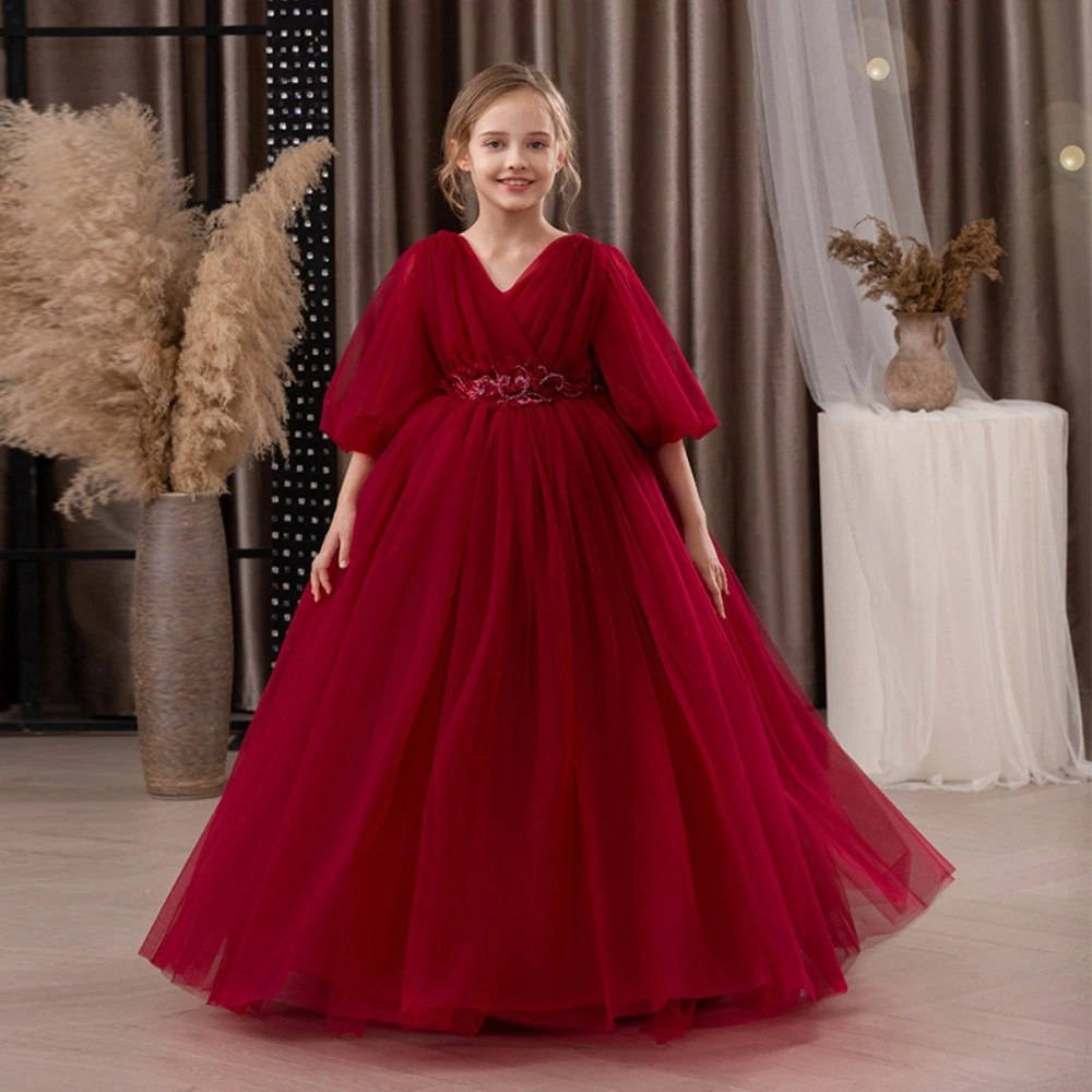 Abito Lungo In Tulle Per Bambina FYMNSI | Vestito Da Damigella D'onore Rosa Scuro Taglia 7-8 Anni | Con Scollo A Cuore E Fiori Ricamati