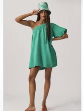 Anthropologie One-Shoulder Waistless XS Linen Mini Dress Smocked Beachy Coastal