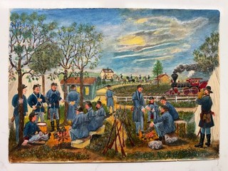 Wonderful Antique Folk Art Painting of American Civil War Scene