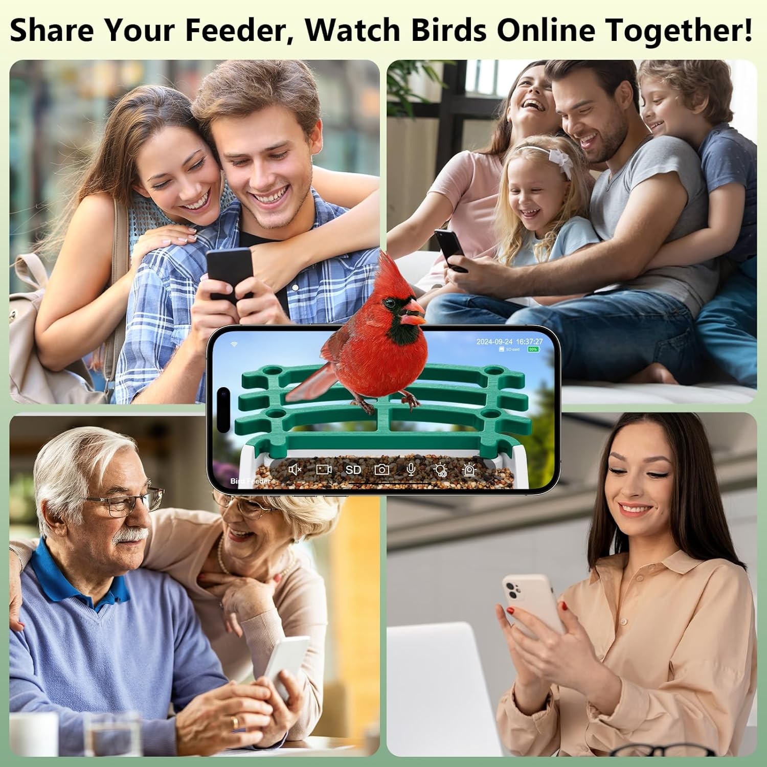 Smart Bird Feeder with Camera, AI Species Identification Solar Green 