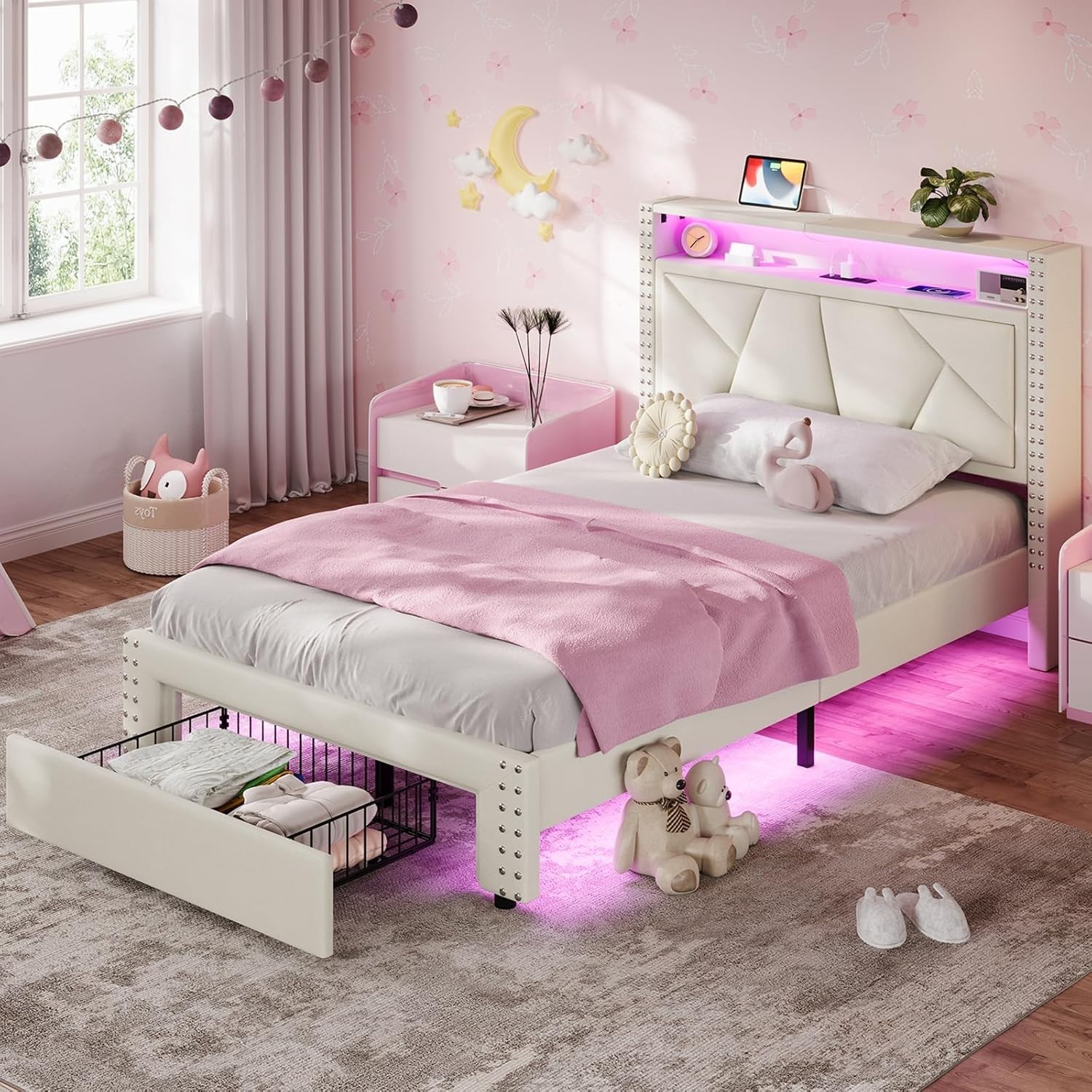 S With Led Lights, Upholstered Platform Bed Frame Twin Size