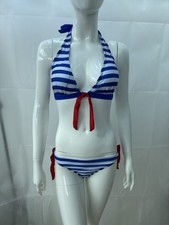 Nautical Striped Bikini Set L Blue White Red Tie Front Halter Top Side Tie BNWOT