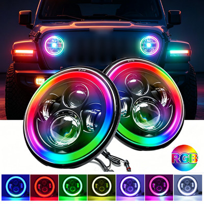 7'' Inch round LED Headlights RGB Halo DRL Beam fit Land Rover Defender 90/110