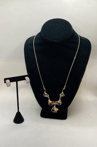925 Sterling Silver Multi-Color Amber Necklace & Clear Stone Hoop Earrings Set