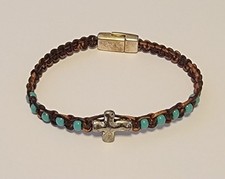 Brown Cord and Turquoise Bead Cross Bracelet with a Silver-tone Magnetic Clasp