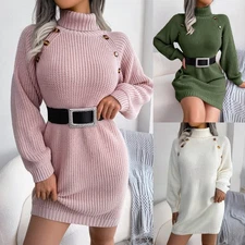 Winter Turtleneck Long Sweater Dress With Button Design Leisure Clinch Long Slee