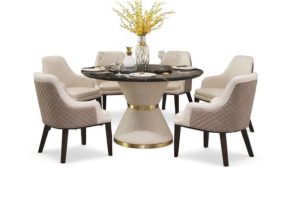 Modernes Esszimmer-Set: Runder Holz-Marmor-Tisch Mit 6 StüHlen Sofort-image