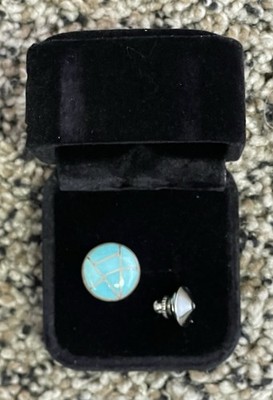 ZUNI NATIVE AMER. SIGNED ''K'' STERLING SILVER & TURQUOISE INLAY TIE TACK/PIN