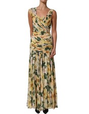 Dolce & Gabbana Yellow Floral Print Silk Pleated Maxi Women's Dress