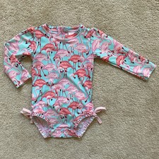 RuffleButts Pink Flamingo Long Sleeve Rash Guard Swimsuit One Piece 18-24 Mo UPF