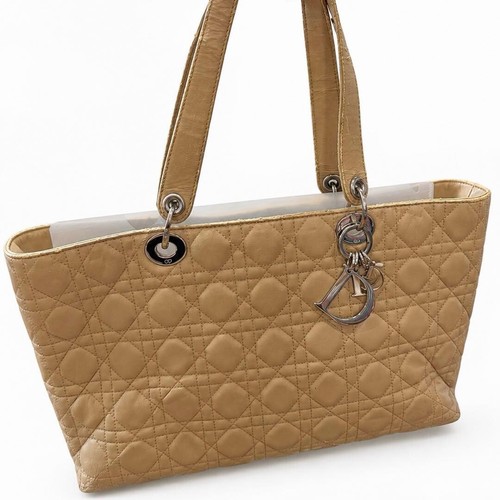 Authentic Christian Dior Lady Dior Cannage Tote Bag Beige Leather Womens A4