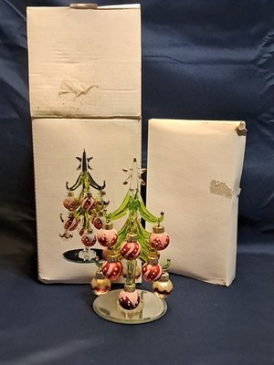 LS Arts 6'' Crystal Green Tree 12 Red Ornaments W/original Boxes
