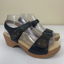 Dansko Sonnet Sandals Size 38 Black Leather Comfort Wedge Chunky Wood Heel