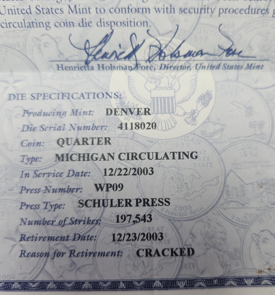 2004 D Michigan State Quarter US Mint Coin and Die Set In OGP With COA - Z-Mich - Image 4 of 4