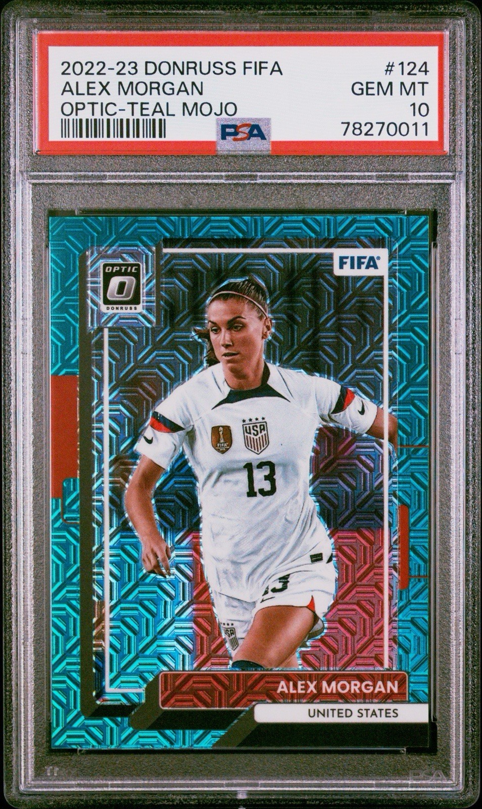 Alex Morgan 2022 Donruss FIFA Optic Teal Mojo /49 PSA 10