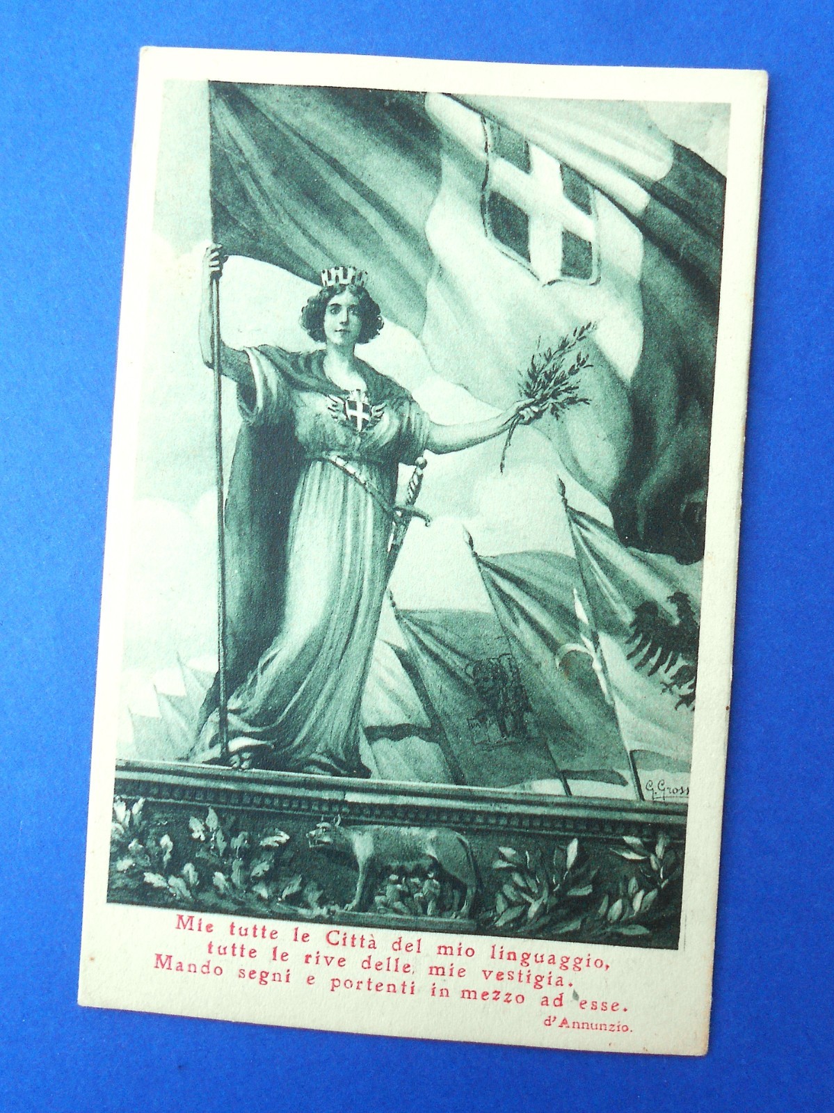 Cartolina patriottica Posta I Guerra Mondiale D'Annunzio Grossi NV