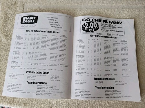 Vintage Johnstown Chiefs vs Toledo Storm Gameday Magazine - Picture 2 of 2
