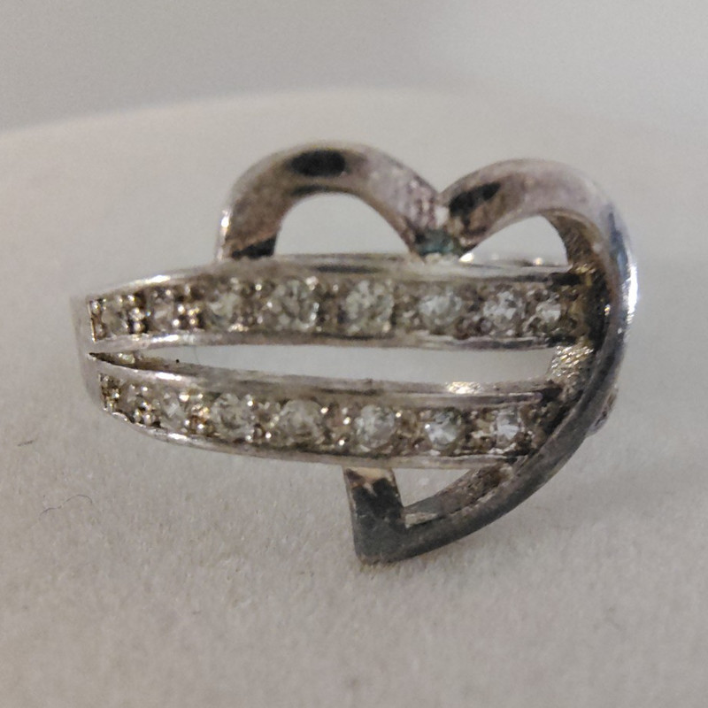 Vtg ​925 Sterling Silver CZ Heart Ring Double Band Front Cubic Zirconia Size 5
