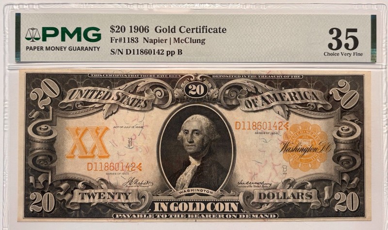 1906 $20 Gold Certificate Fr. 1183 Napier | McClung PMG 35 Choice Very Fine