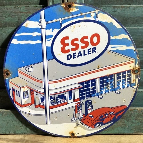 VINTAGE ESSO GASOLINE DEALER MOTOR OIL 10” PORCELAIN GAS SIGN