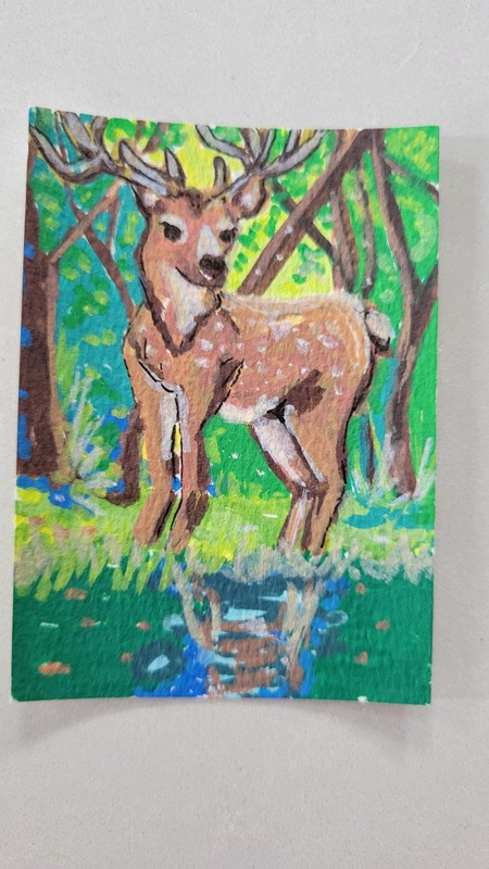 Susan Dietz Pausing for Reflection Original Handmade Deer ACEO 2.5x3.5