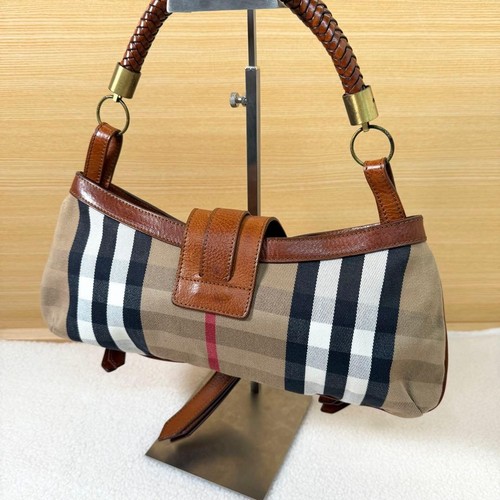 Burberry Prorsum House Check Shoulder Bag Canvas Leather Braided Handle Womens