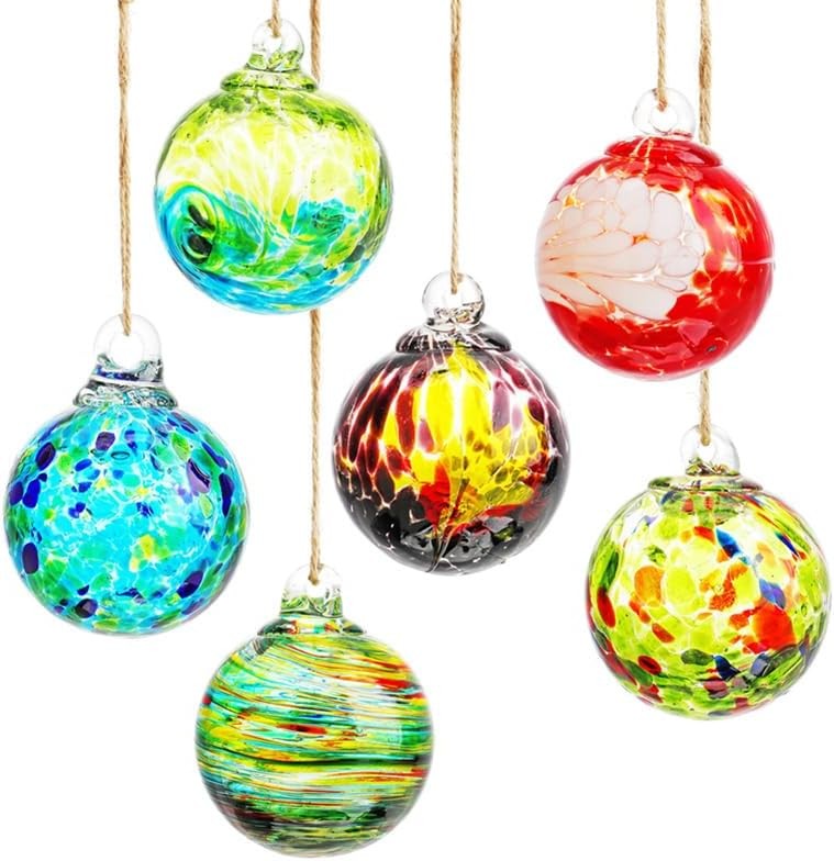 QFkris 6 Pack Hand Blown Glass Ornament for Christmas Tree, 2.3" Hanging... 