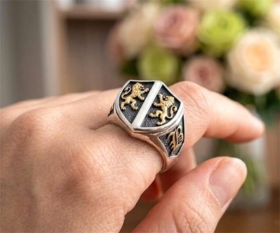 Signet Ring • Double Lion Shield • Letter B Side Design • Size