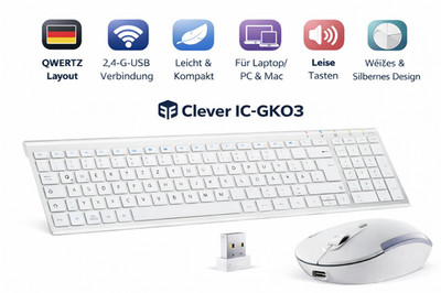iClever IC-GK03 Premium Funk Tastatur Maus Set-Kabellos QWERTZ Deutsch 2,4G USB